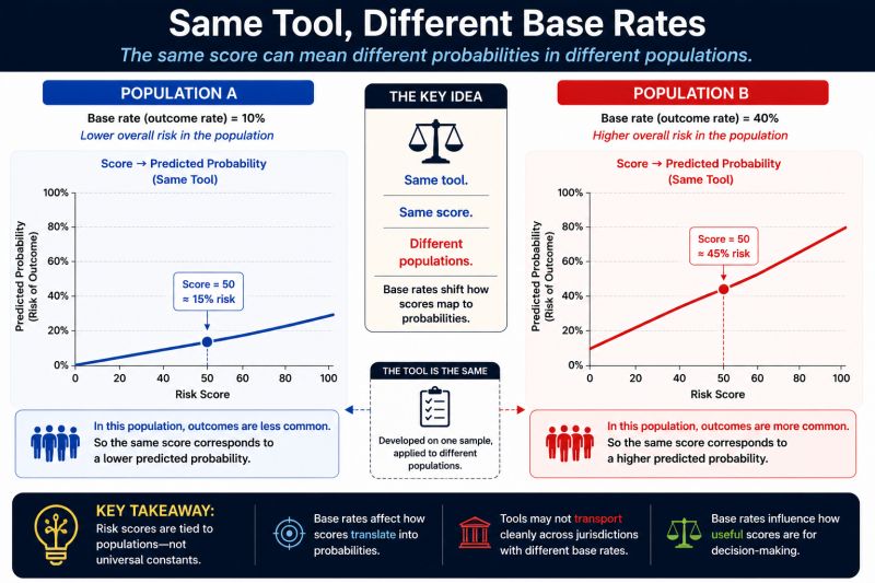 Comparison showing the same risk score producing different predicted probabilities across populations with different base rates