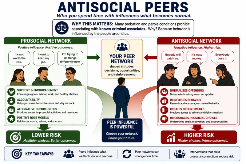 Illustration showing how antisocial and prosocial peer networks can shape behavior